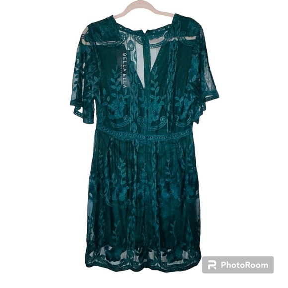 NWT Bella Boutique Emerald Green Lace Mini Dress Tunic V Neck XL Plus - Picture 1 of 10